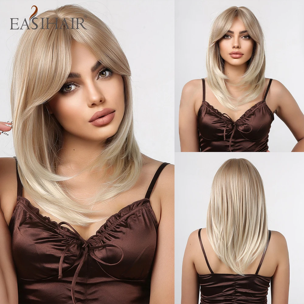 EASIHAIR Medium Length Synthetic Wigs for Women Layered Blonde Wigs with Bangs Cosplay Wigs Shoulder Length Heat Resistant Wig