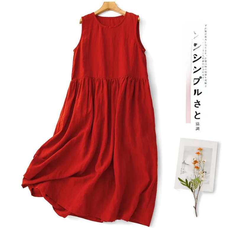 

Повседневное хлопково-льняное платье-жилет красного цвета для женщин, летнее, свободное, с широкой юбкой, для дома и улицы, с завышенной талией, А-силуэт