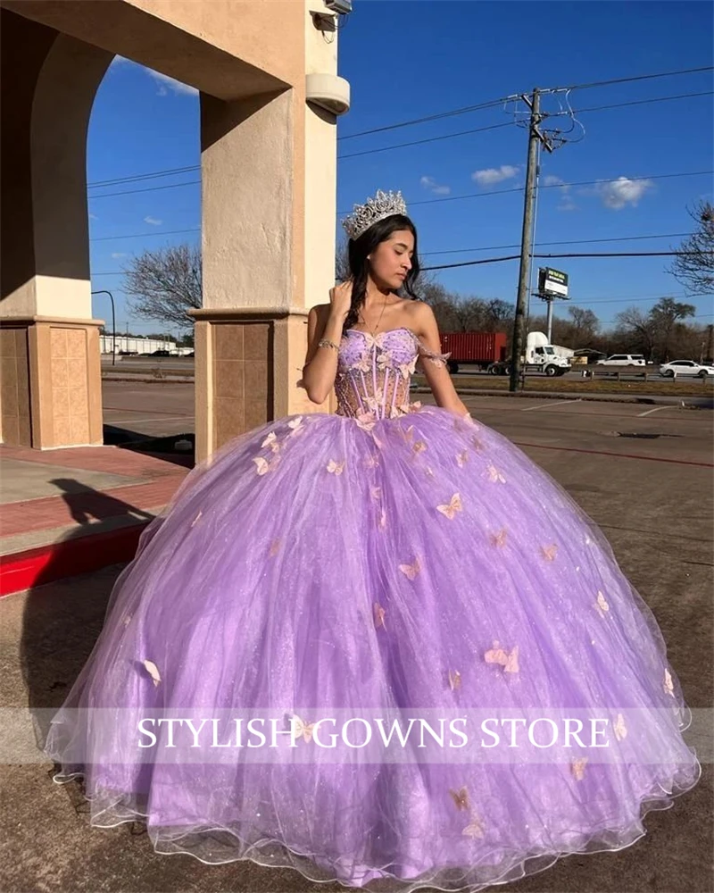 Mexico Purple Off The Shoulder Ball Gown Quinceanera Dress Beaded Birthday Prom Dresses For Girl Bow Lace Up Back Customized