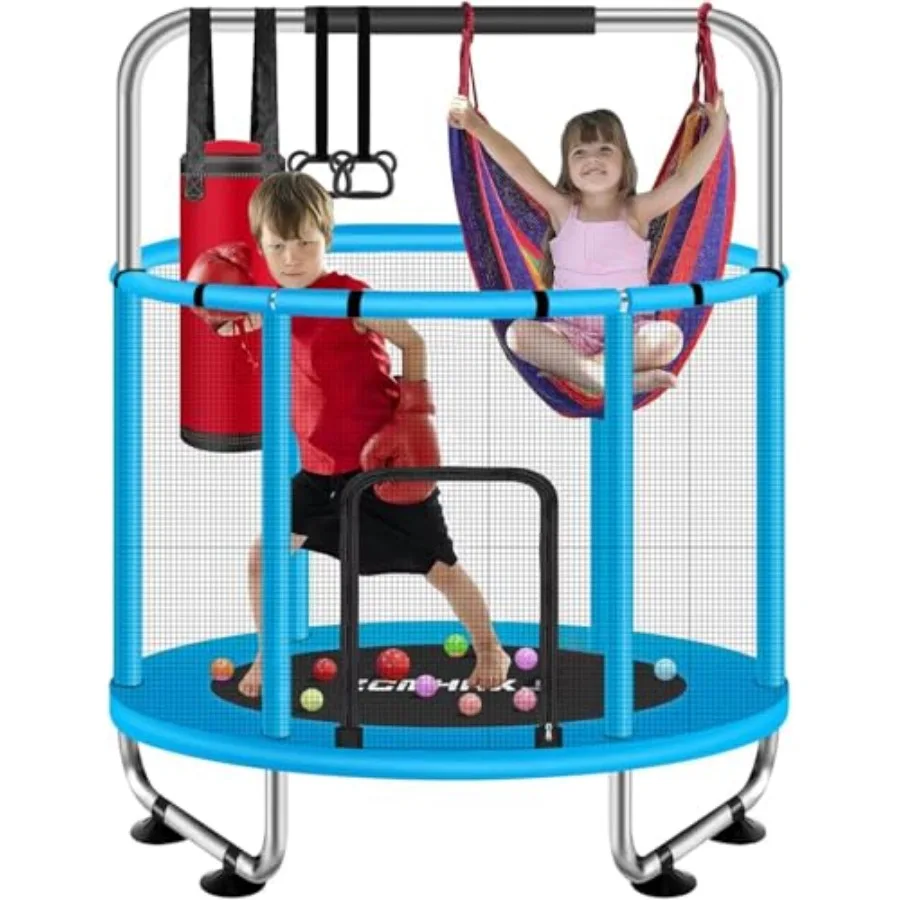 

55 Trampoline for with Enclosure 440lbs Capacity Indoor Outdoor Toddler Trampoline with Adjustable Gymnastics Bar Toys in Blue