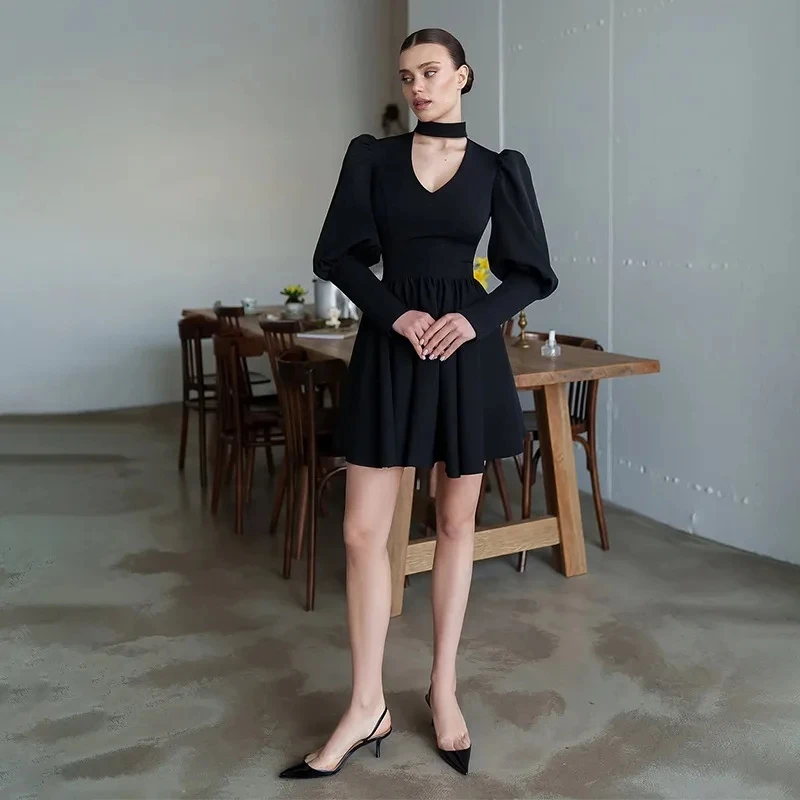 

2026 Spring New Women Fashion Elegant Solid Color Long Sleeve V Neck Puff Sleeve Bodycon Dress Temperament