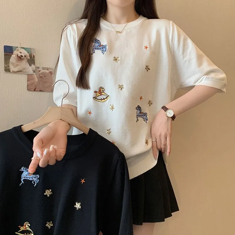 DAYIFUN-Oversized Women's Tshirts Pony Embroidered Sequin Knit Short Sleeve T-shirt Round Neck Ice Silk Top Tees Spring Summer