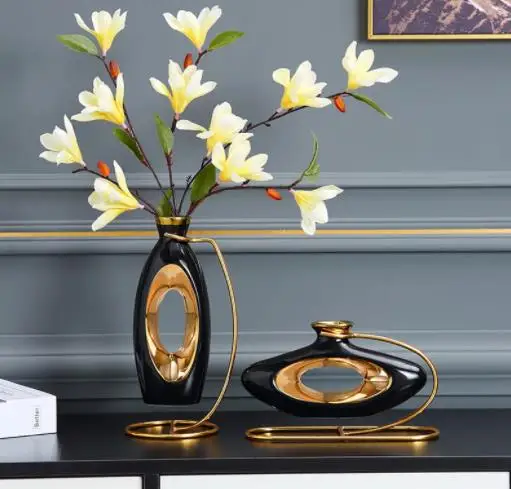 Modern Black Hollow Gilded Vases Living Room Porch Dining Table Flower Arrangement Decor Art Exquisite Ceramic Vase Home