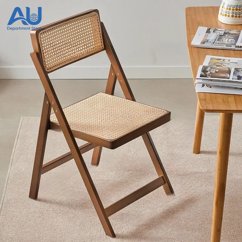 rattan folding dining chair back chair simple homestay solid wood home living room stool casual back restaurant chair