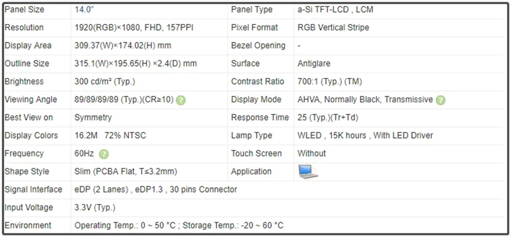 BagglomHAN03.5 Écran LCD pour ordinateur portable 14 pouces, panneau fin, IPS, FHD, 1920x1080, 60Hz, EDP, 30 broches, antireflet, 300 Wind/ m², 72% NTSC