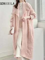 Oversized Cardigan Women Turn Down Collar Casual Sweaters Coats Fashion Warm Pink Knitted Cardigan Autumn Winter New Tops 2024