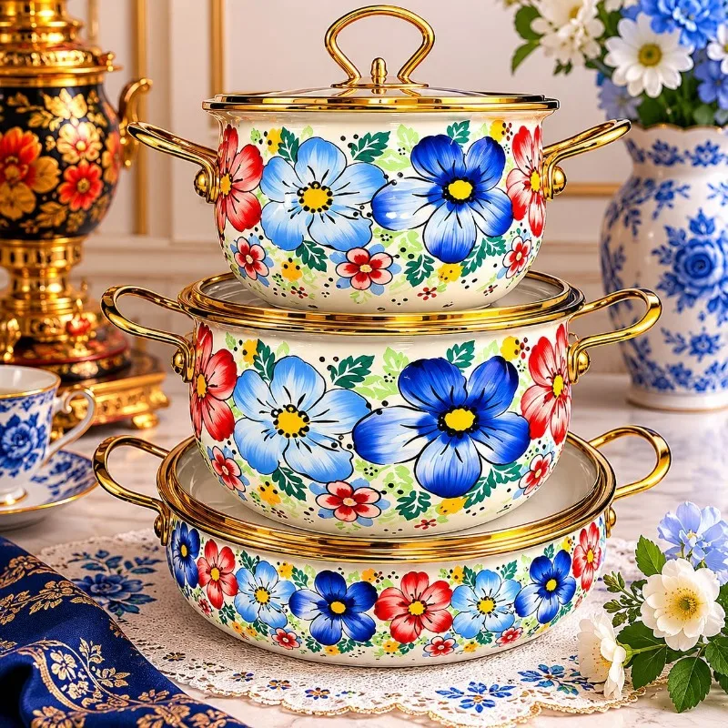 3Pcs Retro Enamel Pot Set, Household Enamel Soup Cookware for Stew and Seafood Cooking