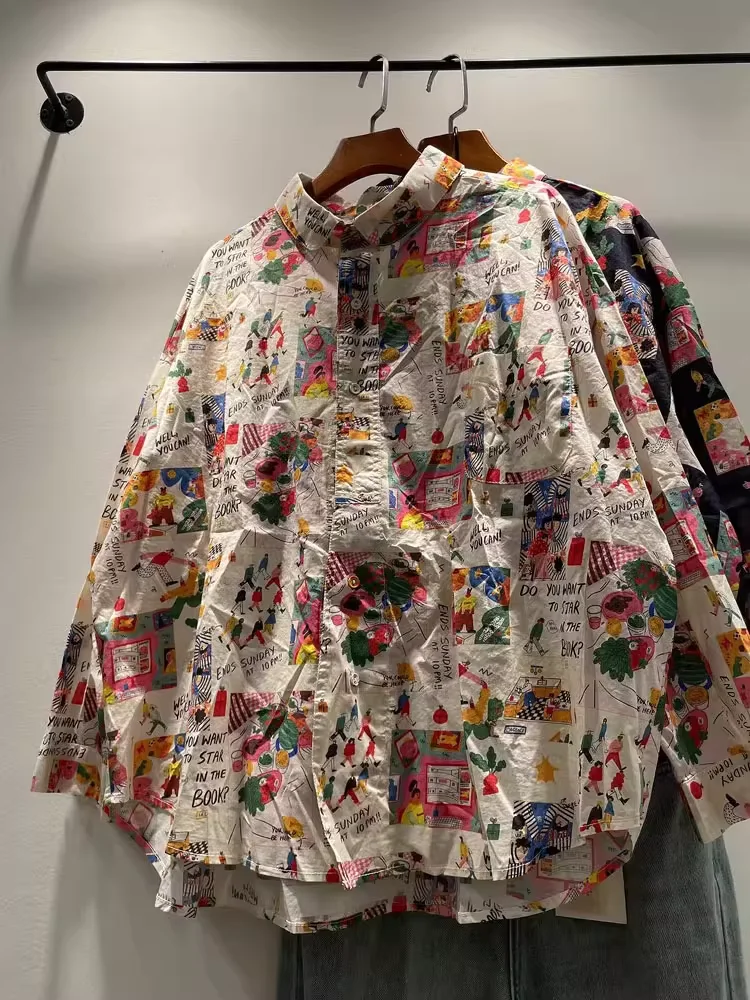 

Осенний женский топ с длинными рукавами, оригинальный дизайн, рубашки большого размера с мультяшным принтом для женщин, блузки большого размера из чистого хлопка