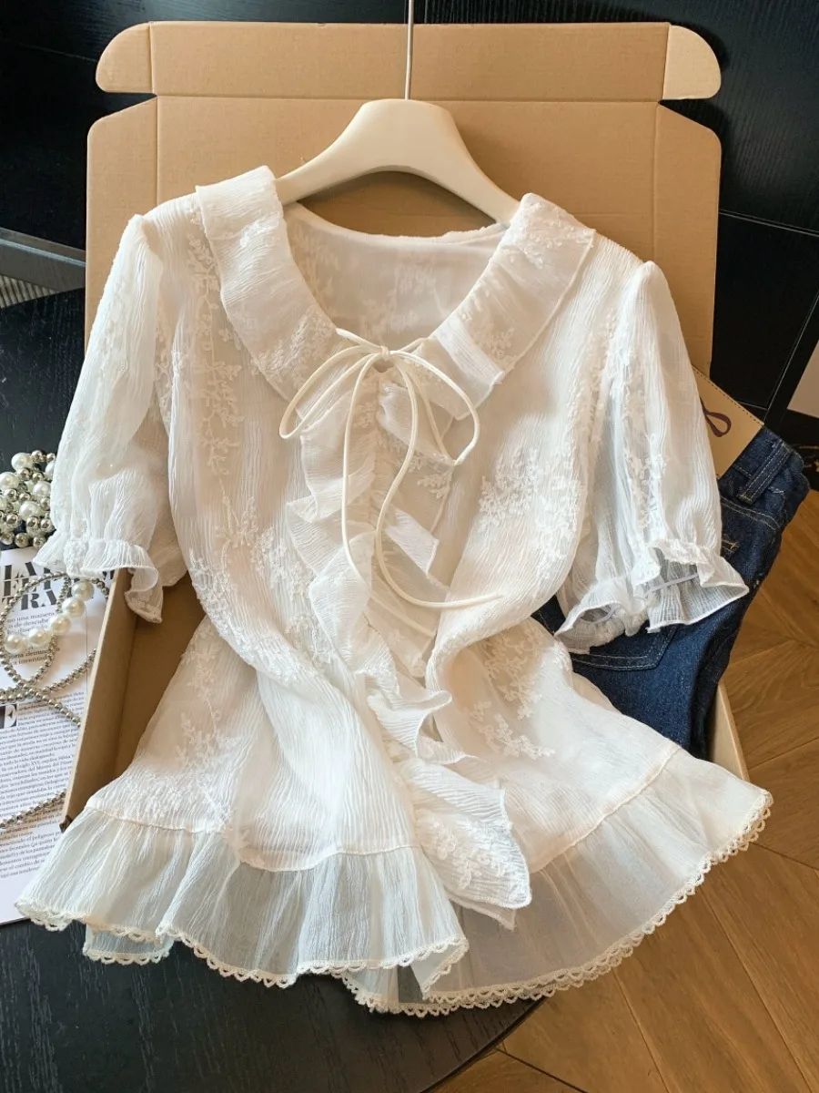 

Элегантная женская летняя рубашка из шантунга с кружевной вышивкой, тонкий высококачественный льняной топ с кружевной отделкой в корейском стиле, свободный крой