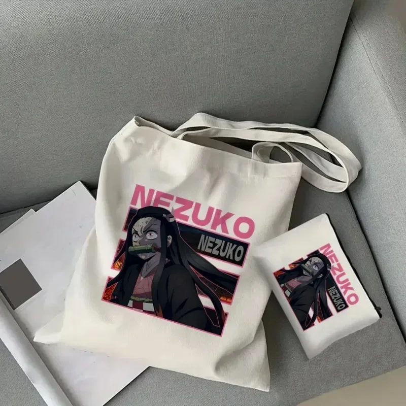 2 pezzi Kamado Nezuko Fashion Handbag Set Canvas borsa a tracolla di grande capacità con Organizer cosmetico borsa per la spesa Eco portatile