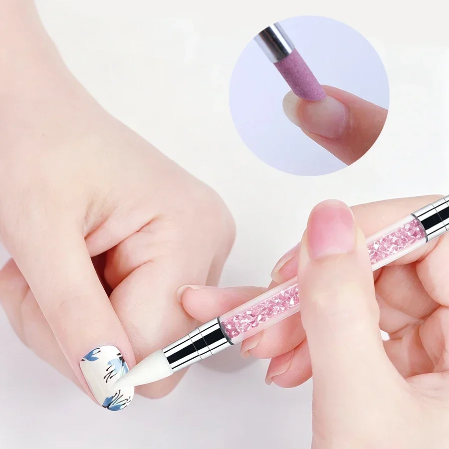 Dual-Head Nail Art Silicone Carving Pen, Quartz Nail Polishing Tool, Rhinestone Handle Nail Art Brush for Manicure Decoration