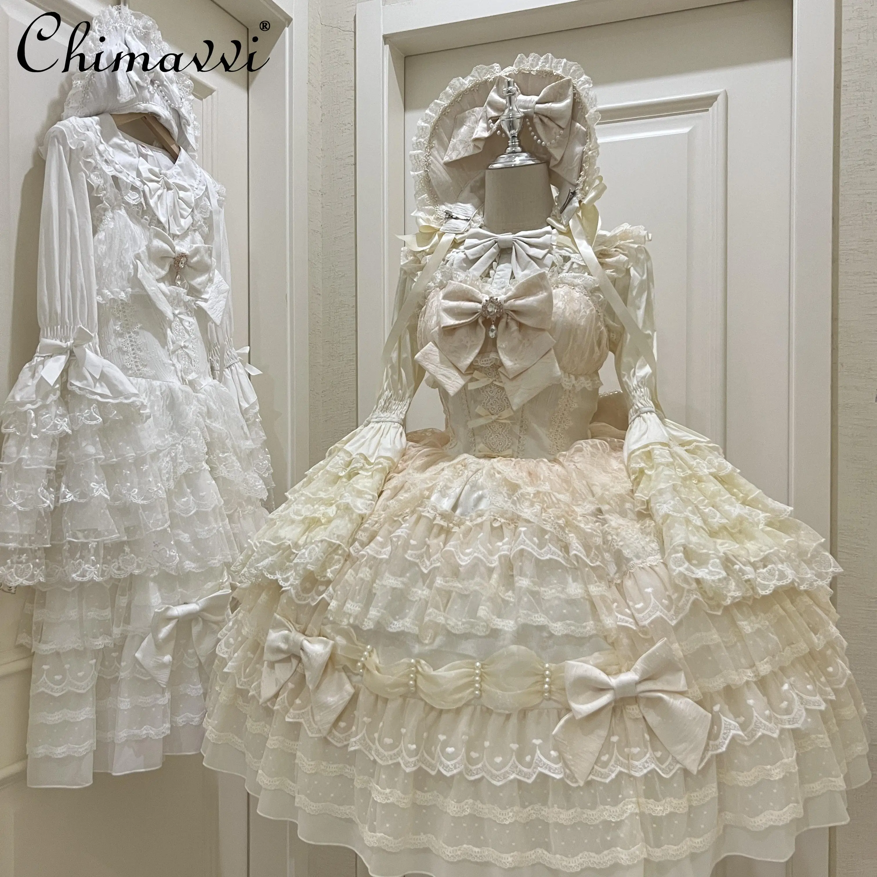 Original Sweet Girls Princess Lolita Dress Set Women Cute Lace Flare Sleeve Inner Shirt Fairy Lace Bow Jsk Suspender Cake Dress