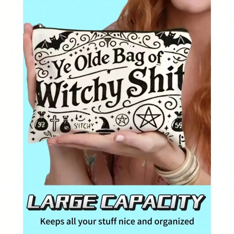 

Gothic Style Makeup Bag | Portable Travel Organizer Bag, decorated with witch, black cat and owl patterns, durable zipper