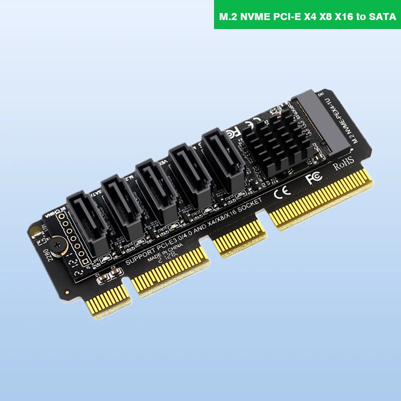 

M.2 NVME PCI-E X4 X8 X16 To SATA 5 Port Adapter Card Riser for SATA III 6GB/S M2 PCIe PH56 1U Chassis Server Computer Expansion