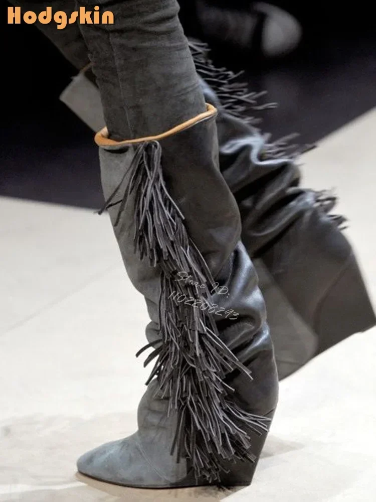Retro Fringe Mid-calf Boots Solid Round Toe Wedge Heels Platform Knee-high Shoes 2025 Autumn Women New Fashion Cowboy Boots