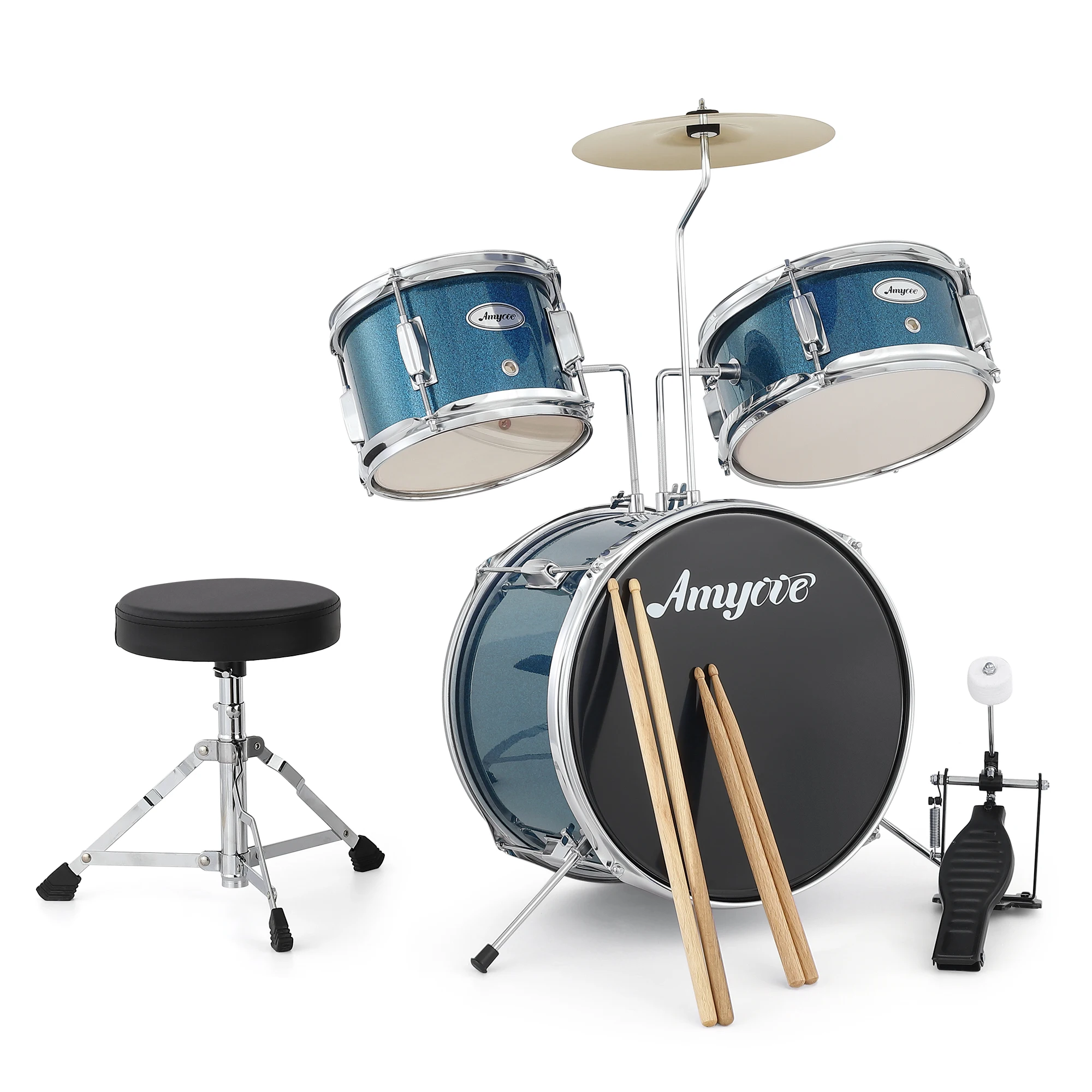 Drum Set, 3 Piece Drum Sets for Drummer, Beginner, Drum Set with Bass, 2 Toms, Cymbal, Sticks, Bass Pedal and Stool