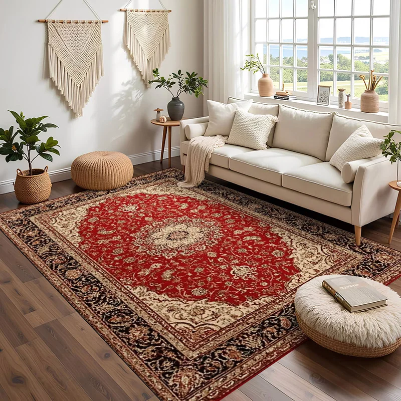 

RAKKS Traditional Oriental Red Velvet Throw Rug, Non-Shedding & Easy Care, Ideal for High Traffic Areas in Living Room,Bedroom