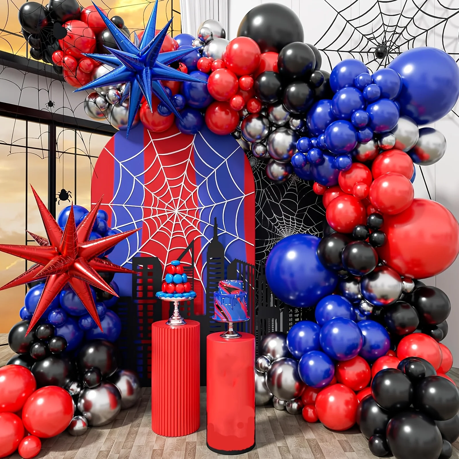 127-teiliges Explosionsstern-Ballon-Girlanden-Set Rot Blau Schwarz Latex-Ballons Happy Birthday Party Dekoration Spider-Deko Geschenke
