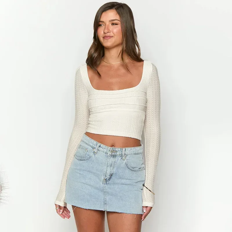 

Texture fabric square collar long sleeve strapless top fashion temperament solid color slim casual T-shirt
