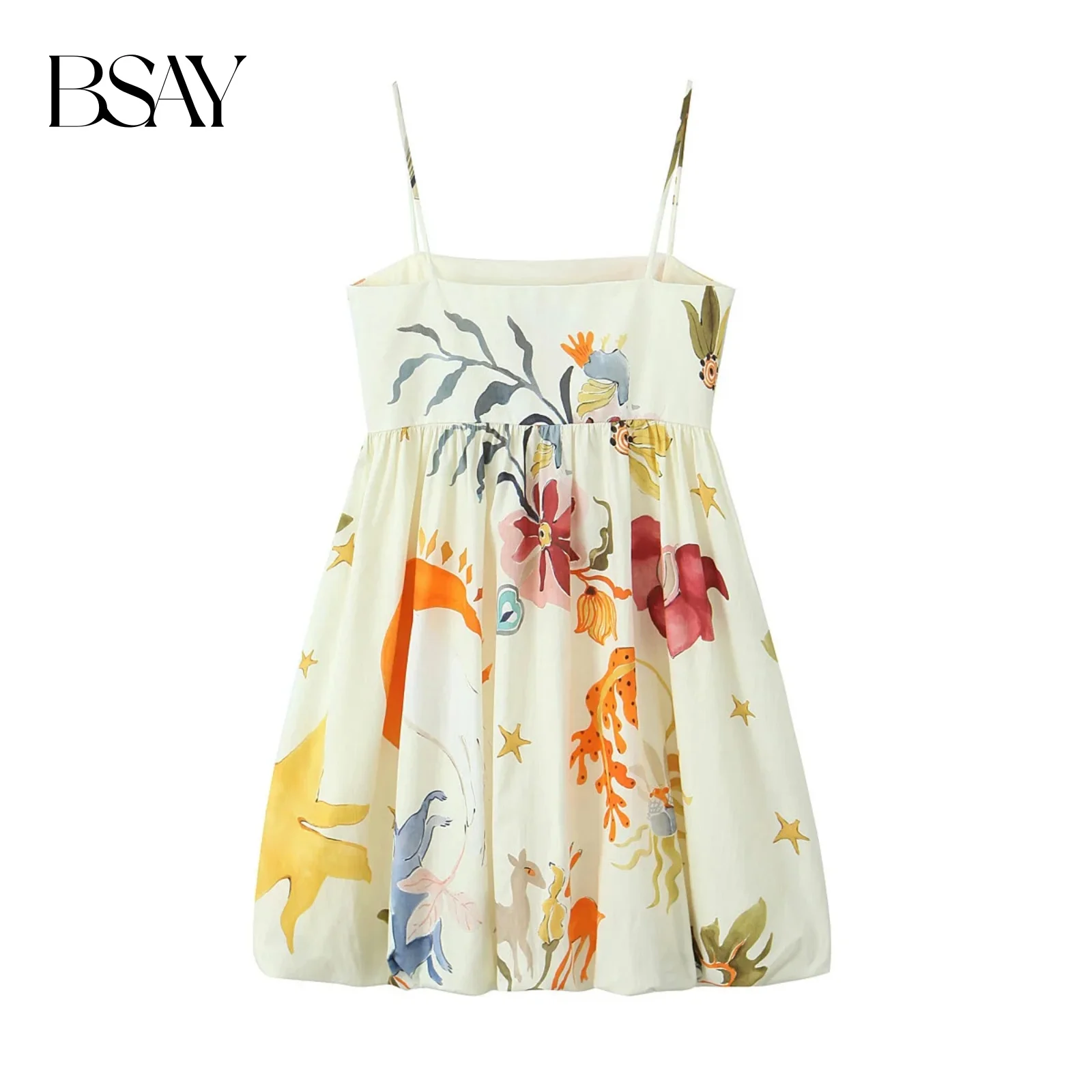 BSAY Women Fashion Summer Printing Loose Side Zip Sleeveless Backless Sling Mini Dress Chic Female French Elegance Evening