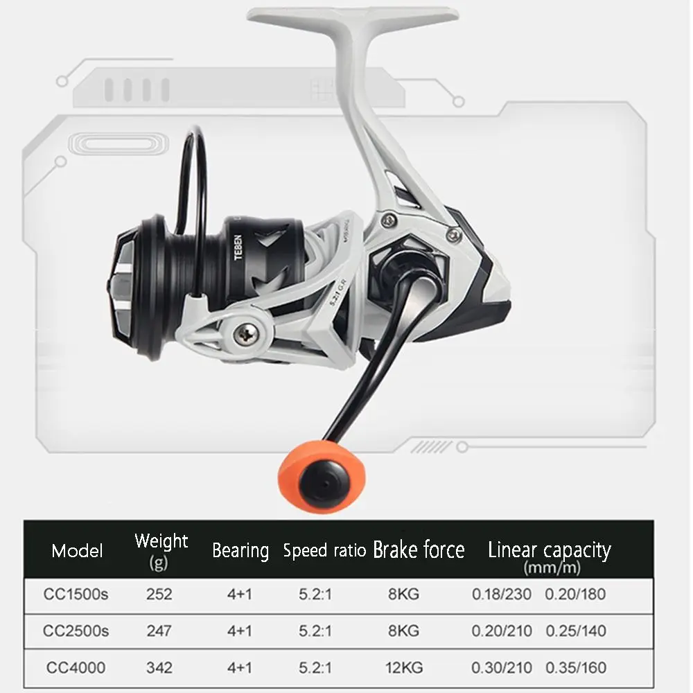 CC1500-4000 Spinning Visserij-reel 5.2:1 Overbrengingsverhouding 8kg Max Drag Spinning Reel Metalen Spoel 4+1BB Zeepaal Reel voor Zeevissen