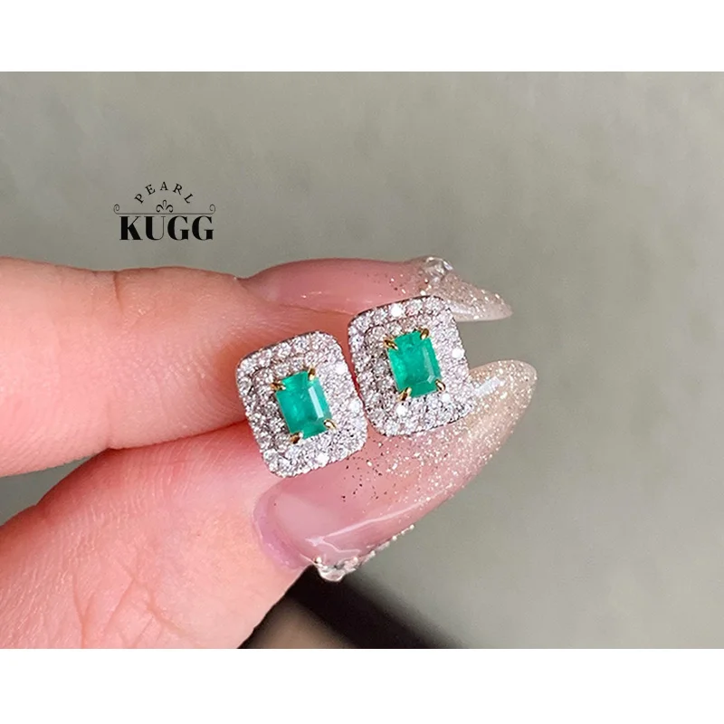 

KUGG 100% 18K White Gold Earrings Luxury Diamond Natural Emerald Stud Earrings Elegant OL Style High Gemstone Jewelry for Women