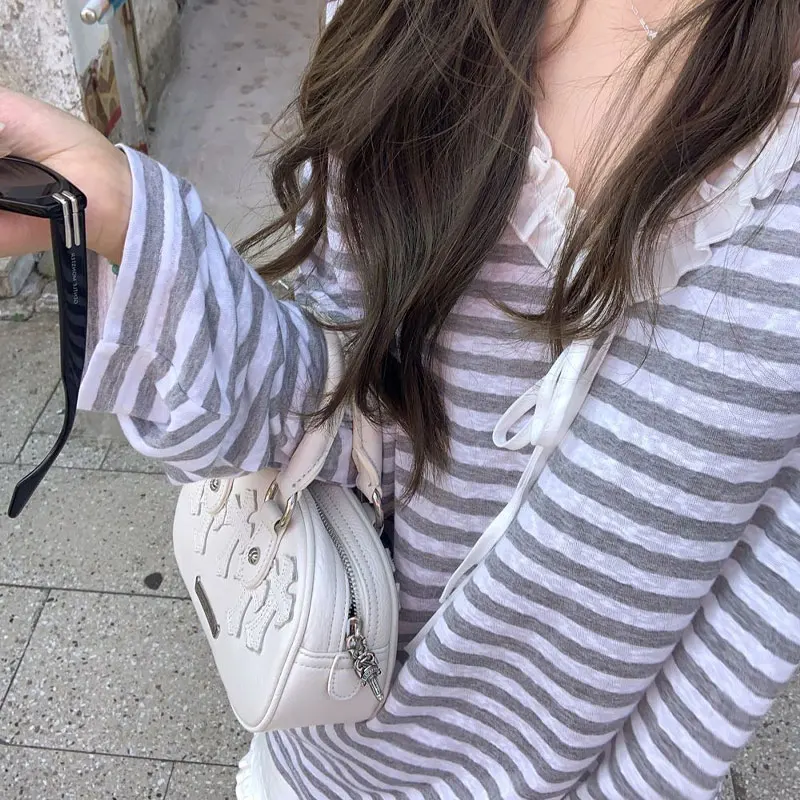 

Korean Striped Stylish Drawstring Pullovers Spring Summer Long Sleeve Women's Clothing Edible Tree Fungus Casual Loose T-shirts