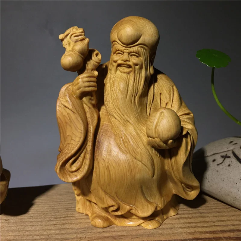 Natural Solid Wood Fu Lu Shou- Characters Statue Wooden Hand-Carved Home Room Office Fortune Decoration Statue Three-piece set - Image 3