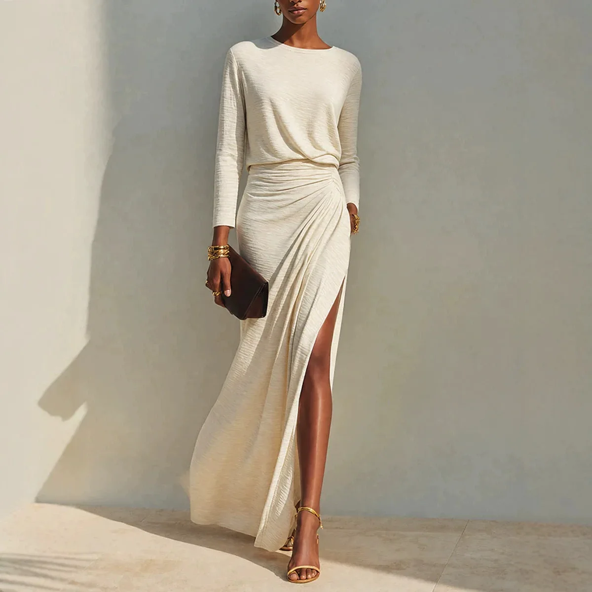 Women Elegant Solid Ruched Waist Wrap Split Hem Party Maxi Dress Autumn Winter Crew Neck Long Sleeve Casual Slim Long Dresses