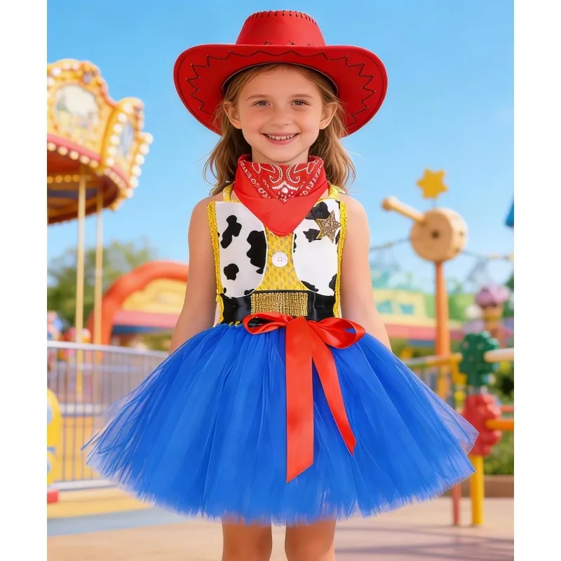 Tutu Dress Halloween Cowgirl Costume for Girls Jessie Princess Costume with Bandana Cowboy Hat Birthday Party Dress Up 2-10Y