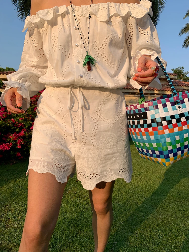 

White Lace Hollow out Suit Women's Long Sve Jumpsuit ort orts Cotton Blend Comfortable Breathable Summer Wear