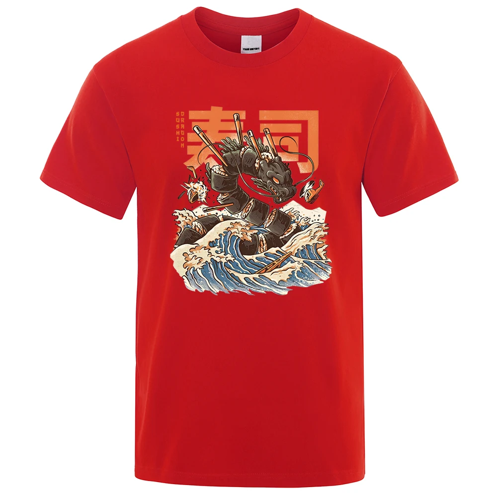 Japan Ukiyo E Style Sushi Dragon Print Man T Shirt High Quality Brand Clothing Loose T Shirts Fashion Summer Cotton Shirt Tops