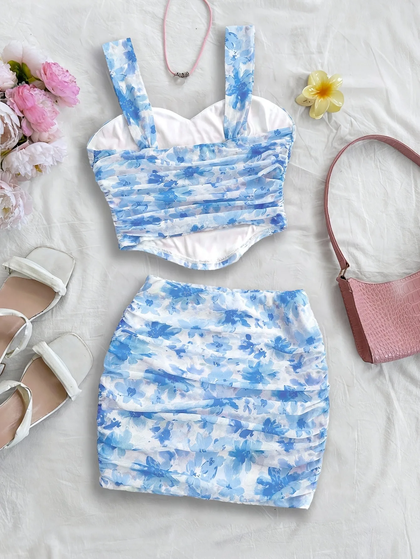 Trendy Girls 2Pcs Summer Co-Ord Outfit, Blue Ink Floral Print Pleated Heart Neck Sling Top, Ruched Wrap Mini Skirt for Beach Res