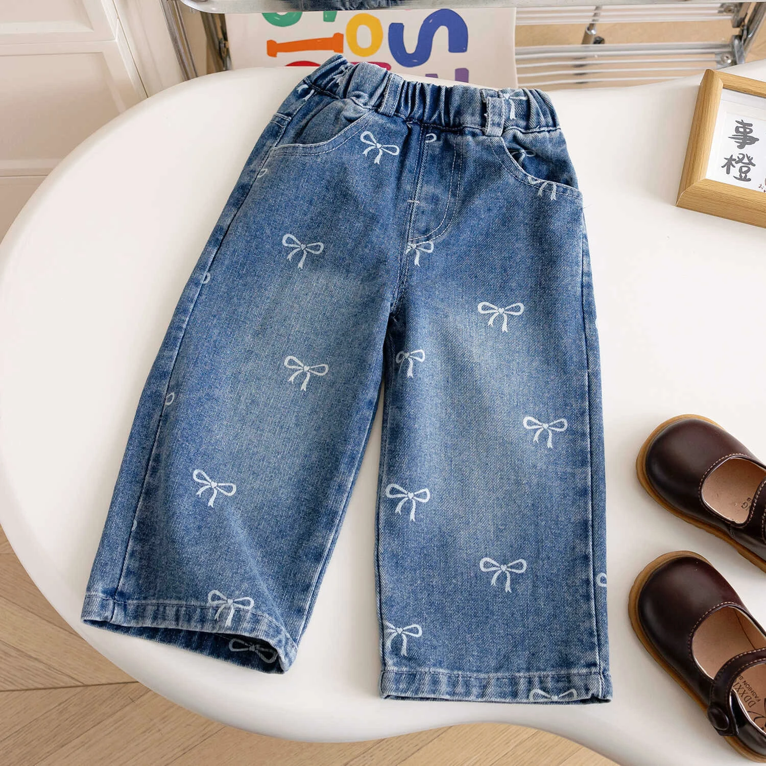IENENS Girls Spring Autumn Jeans Children Print Bow Straight Pants Kids Trends Wide Leg Trousers Baby Casual Baggy Clothes