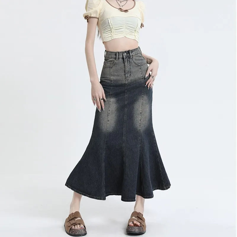 

GUUZYUVIZ Blue Fishtail Denim Skirt Half-length Slim Covers Crotch And Wraps Hips Versatile Jean Skirts For Ladies