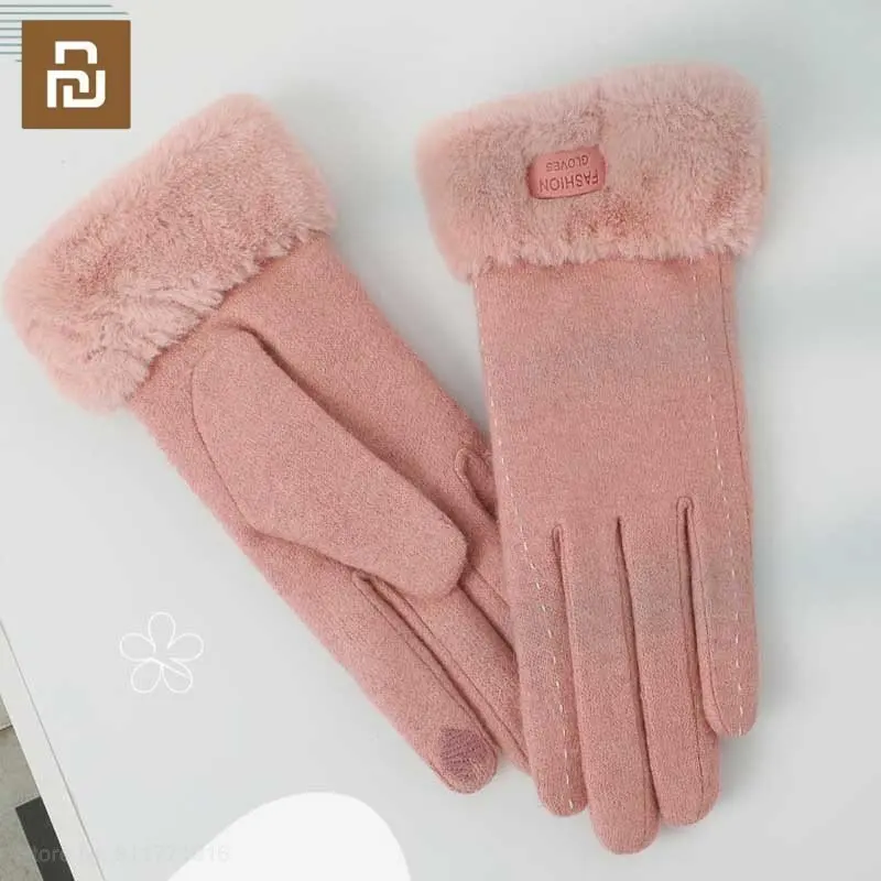 Youpin Cashmere Gloves Women Autumn Winter Cute Furry Warm Mitts Full Finger Mittens Outdoor Sport Female Gloves Touch Screen