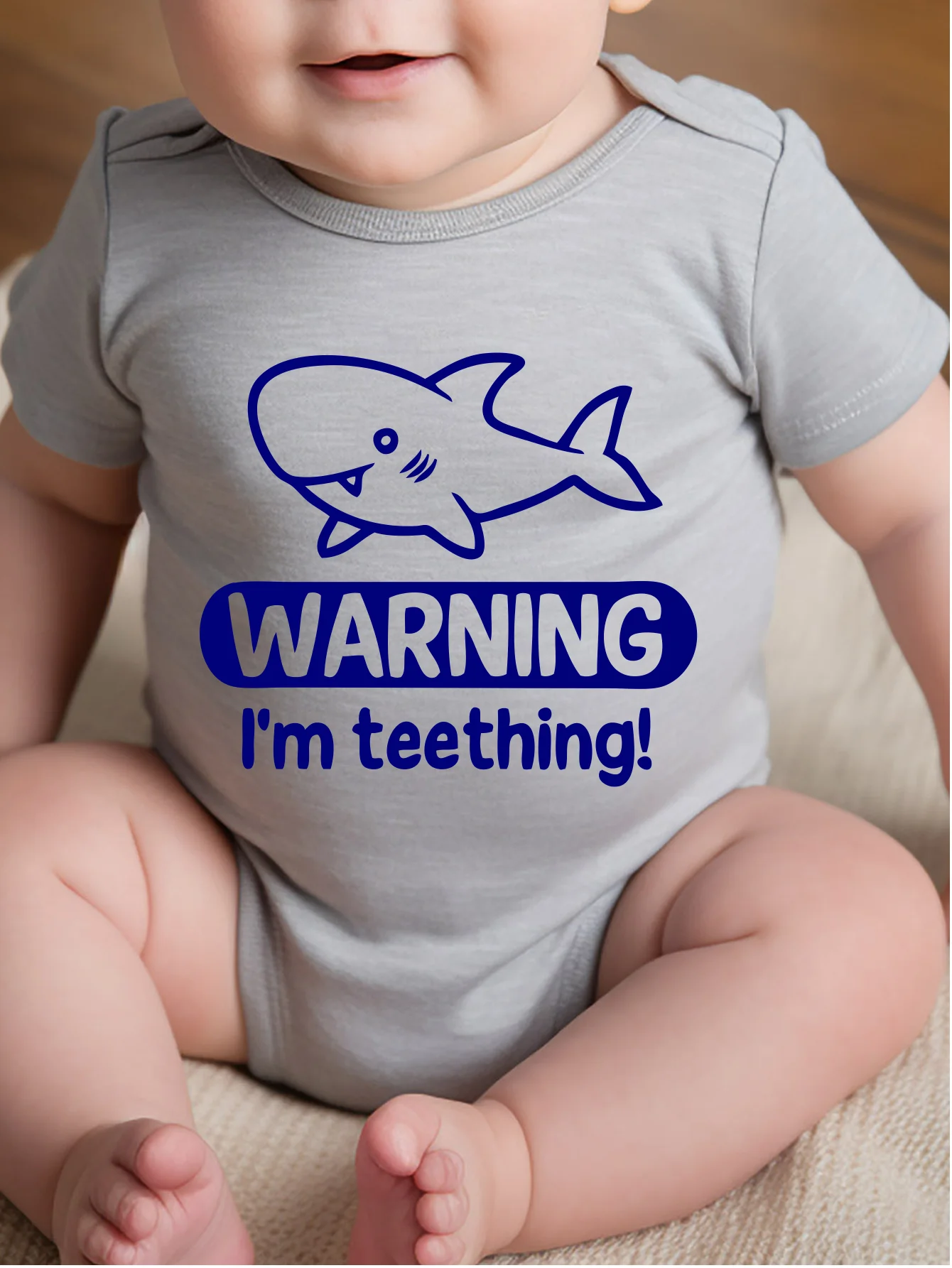 Shark Pattern Warning I'm Teething Print Newborn 0-24M Short Sleeve Infant Jumpsuit Fashion Clothes Toddler Rompers Bodysuit