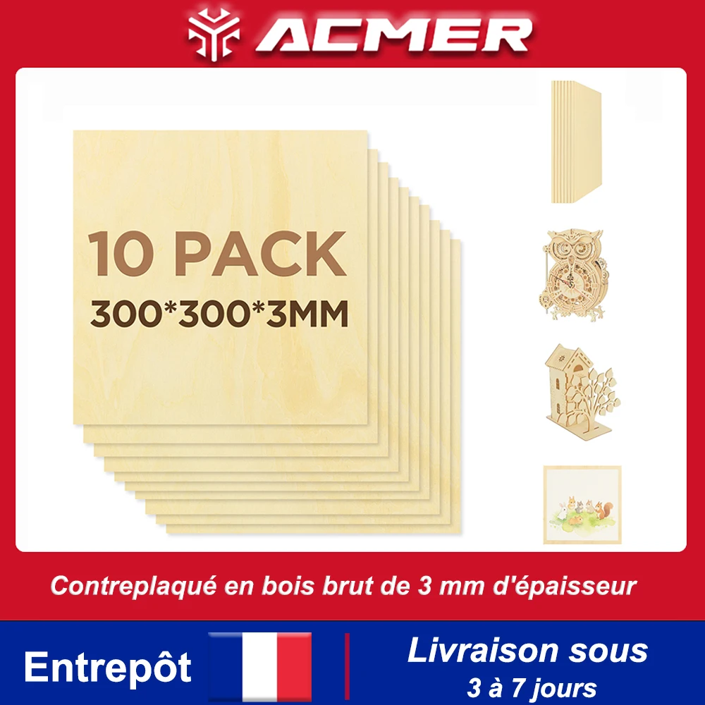 Feuilles de tilleul pour l'artisanat, contreplaqué de bois inachevé de 3mm d'épaisseur, planche de bois artisanale pour la gravure Laser et la découpe Laser Co2