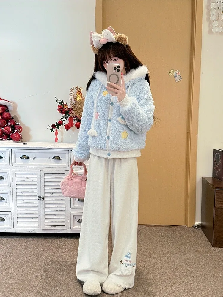 

Теплое зимнее пальто для женщин из овечьей шерсти с капюшоном и воротником из меха, хлопковая одежда, ткань Starlight Girl, цвет сладкий синий.