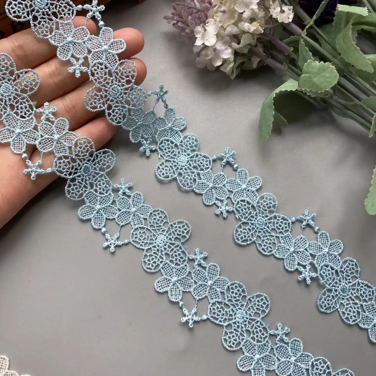 2 Yards Blue 3cm Flower Embroidered Soluble Polyester Fabric Lace Trim Ribbon Handmade DIY Sewing Craft For Costume Decoration