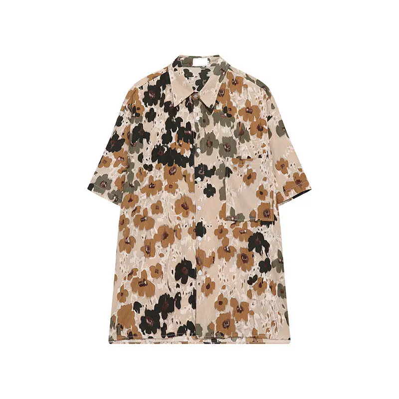 Hong Kong style retro handsome printed short-sleeved shirt for men and women no-iron drapey chiffon floral high-end simple shirt