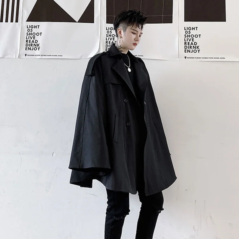 Autumn 2022 Double Breasted Men's Cape-type With Sleeves Windbreaker Coat Cloak Black Mid Length Oversized Trench 2Y2240