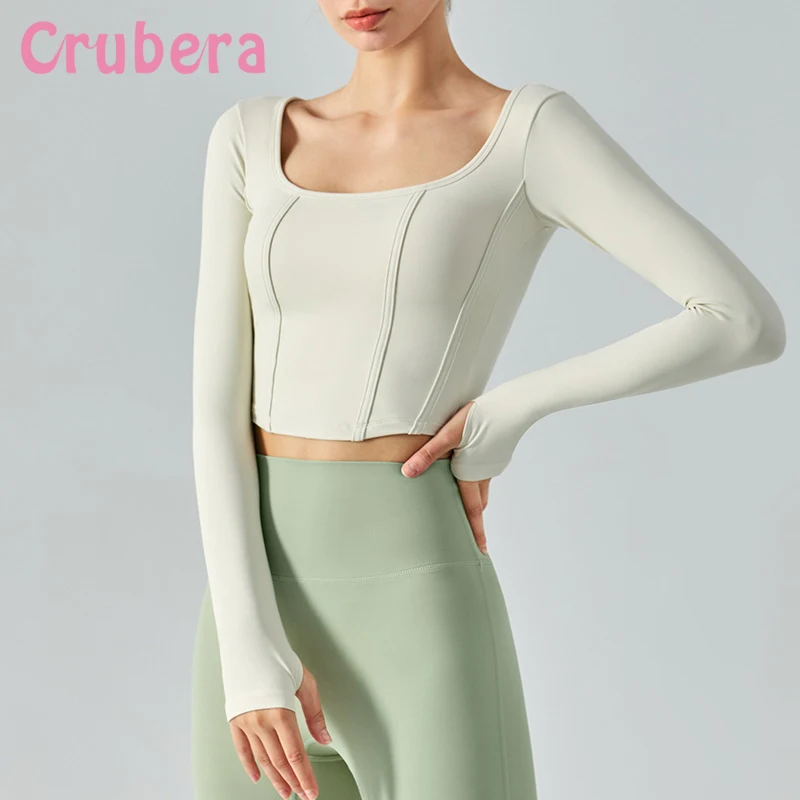 

CRUBERA Autumn Fishbone Line Yoga Long Sleeve Square Neck Running Sports Top Women's Slim Fit Fitness Tight T-Shirt