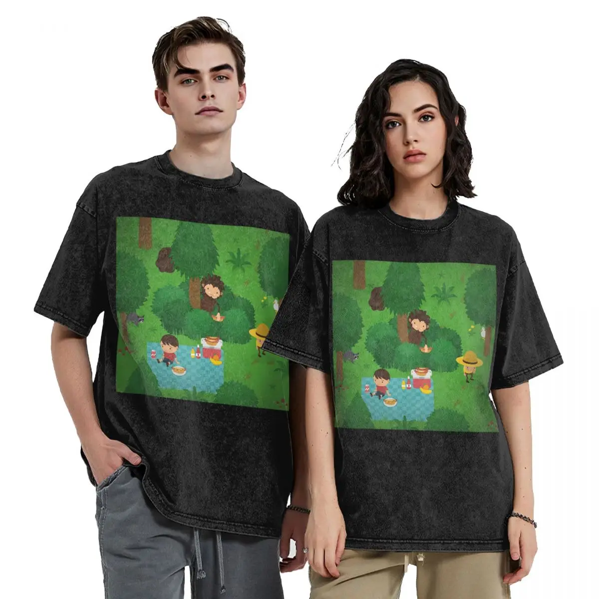 Sneaky Sasquatch Picnic Washed T Shirts Oversized Short Sleeve Hip Hop T-Shirt Streetwear Tops Tees for Men Women