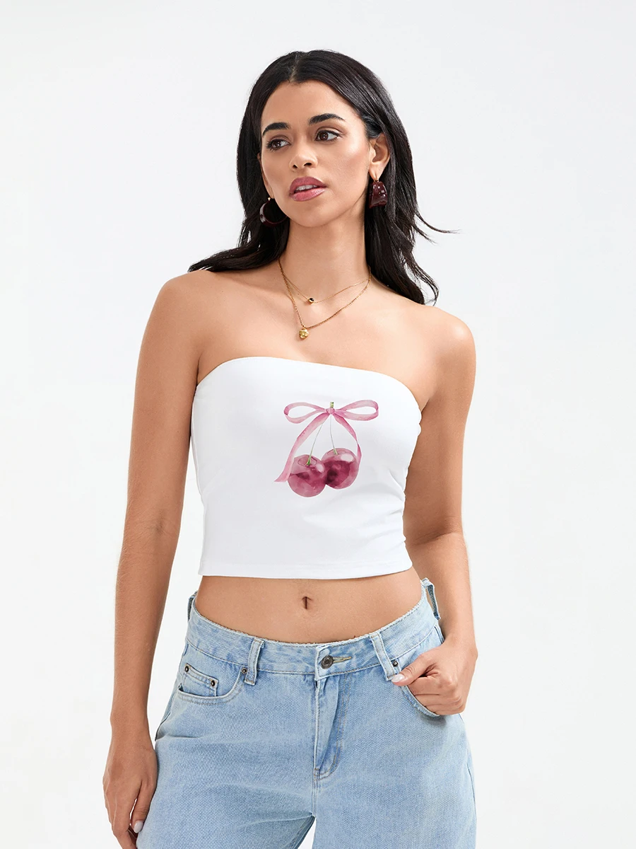 GuliriFei Women's Fashion Tube Tops Strapless Cherry Lips Flower Bow Print Slim Fit Bandeau Tops Tanks