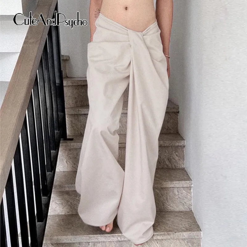 

Cuteandpsycho Y2K Solid Wide Leg Pants Chic Aesthetic Floor Length Loose Trousers Vintage Streetwear Irregular Low Waist Bottoms