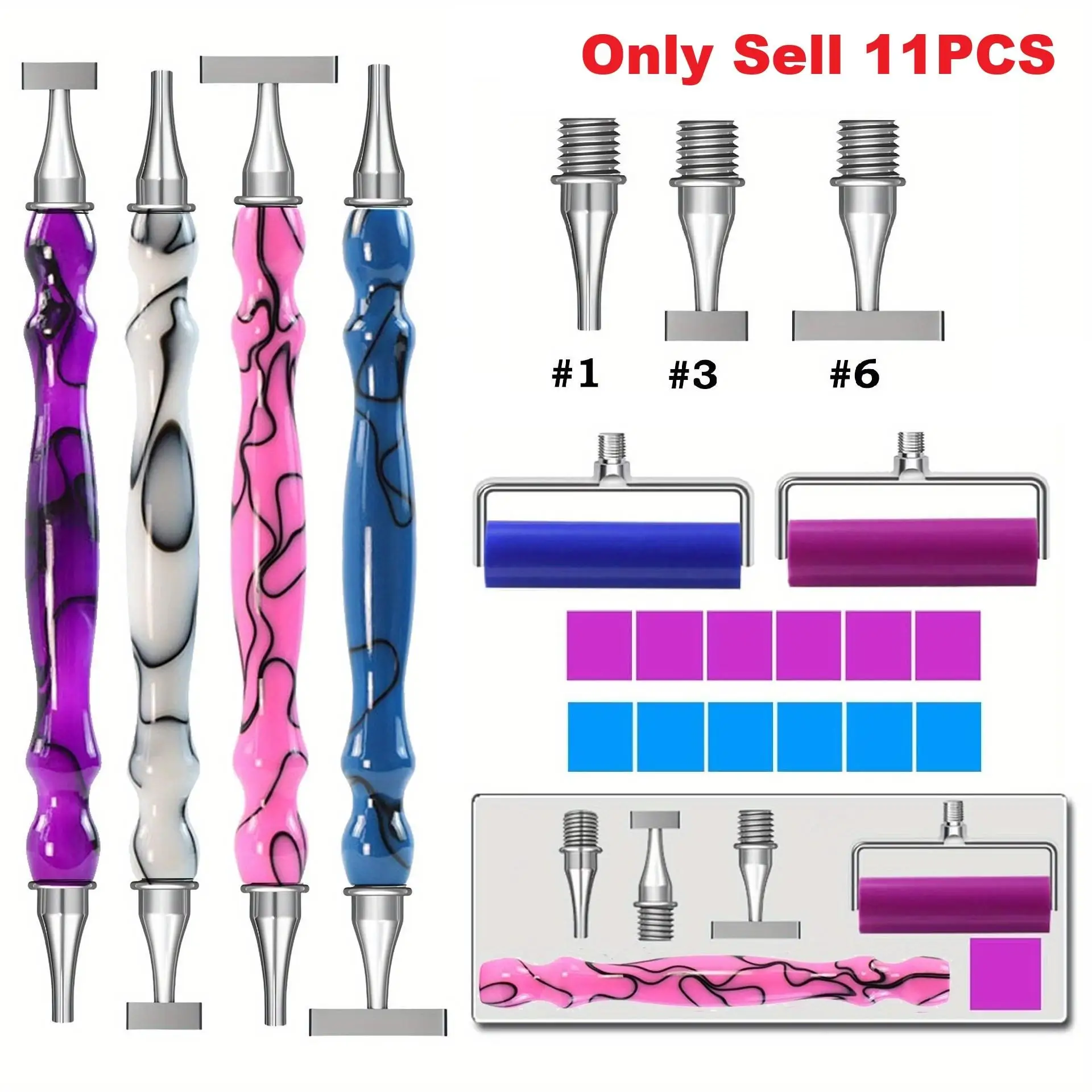 11 Diamond Art Pens with 1, 3, and 6 Stainless Steel Tips, Ergonomic Diamond Art Pens, Diamond Painting Roller, 6 Diamond Art Waxes and Storage Box, 5D Diamond Painting Pen Tools