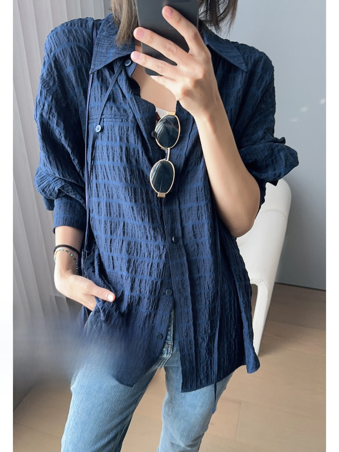 

Meiyang Blue Plaid irt with Button Stand Collar Loose Fit Long Sve Women's Casual Faion Lenzing Eco Viscose Fiber