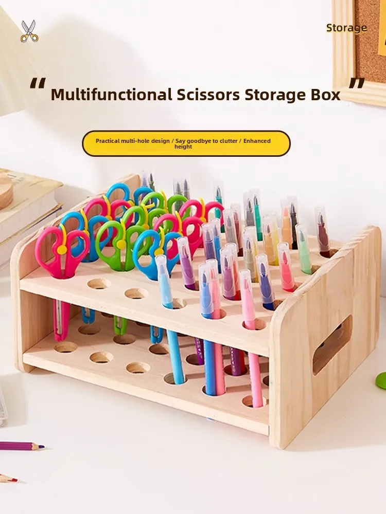

Real Wood Desktop Storage Box for Kindergarten Office Scissors Markers Pen Holder Large Capacity Shelf Organizer