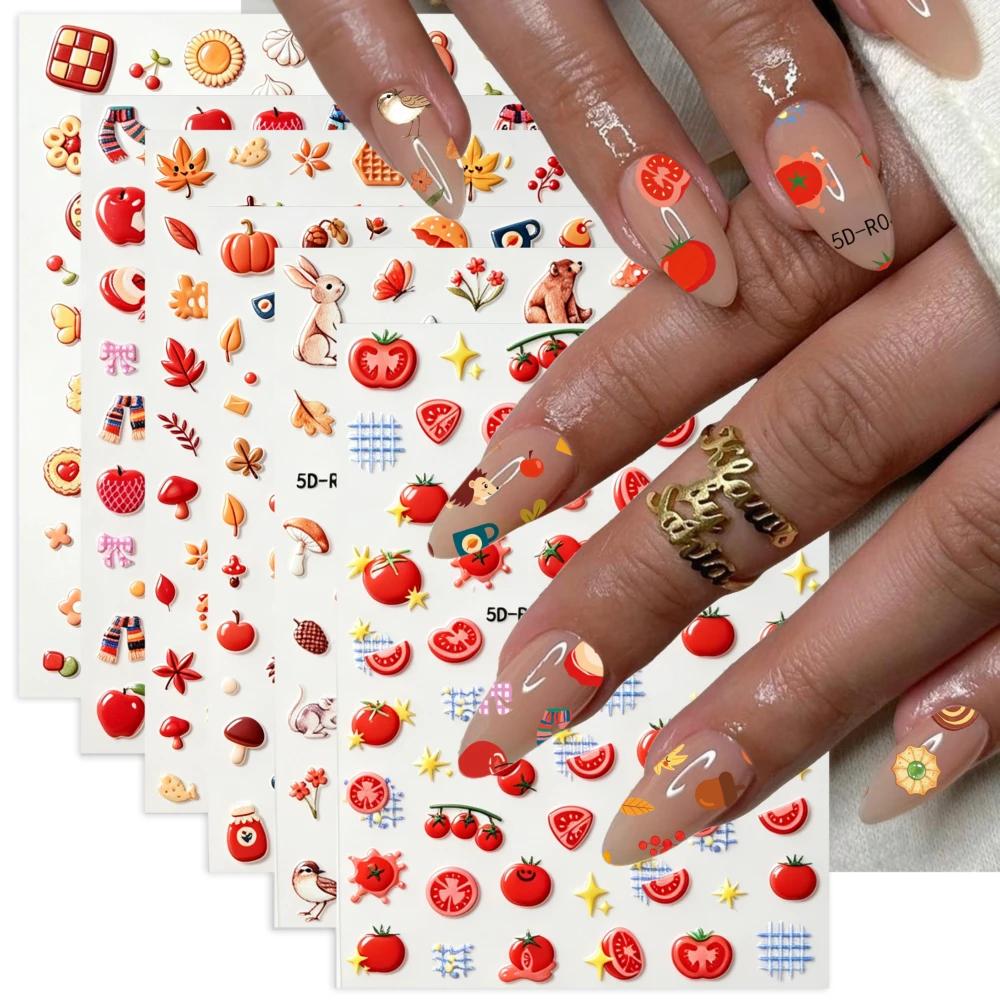 6pcs 5D Autumn Nail Stickers Cute Red Apple Dessert Maple Leaf Animal Self‑adhesive Nail Decals For Fall DIY Manicure Nail Decor